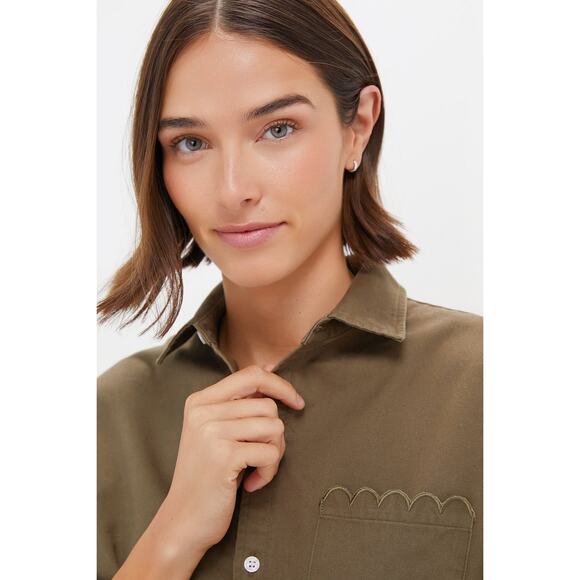 TUCKERNUCK Army Green Chino Cropped Jasper Button Down NWT M - Picture 5 of 6